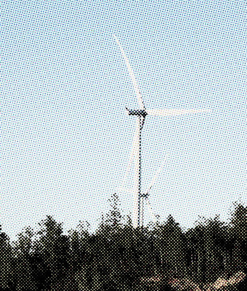 A wind turbine rising above a forested ridge at sunset, rendered with a halftone treatment.