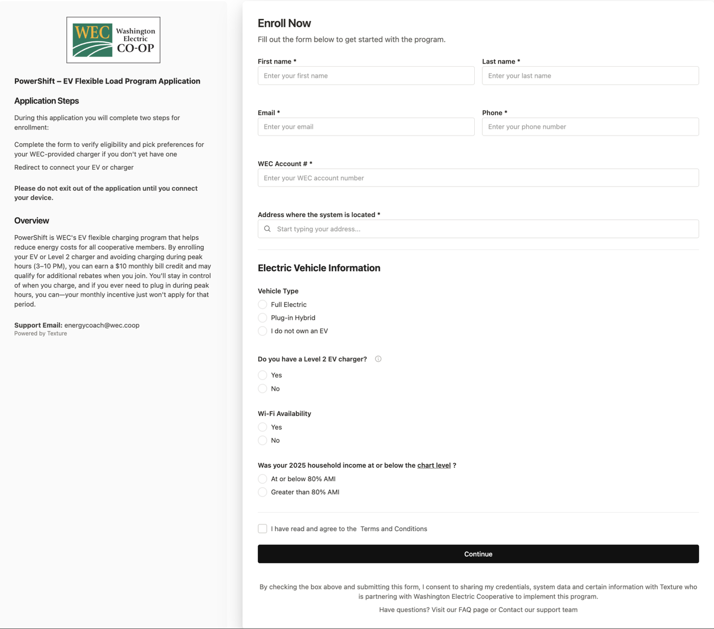 Two Texture enrollment flows side by side — one for legacy PowerShift participants and one for net-new members, with conditional logic for members who need a utility-provided charger.