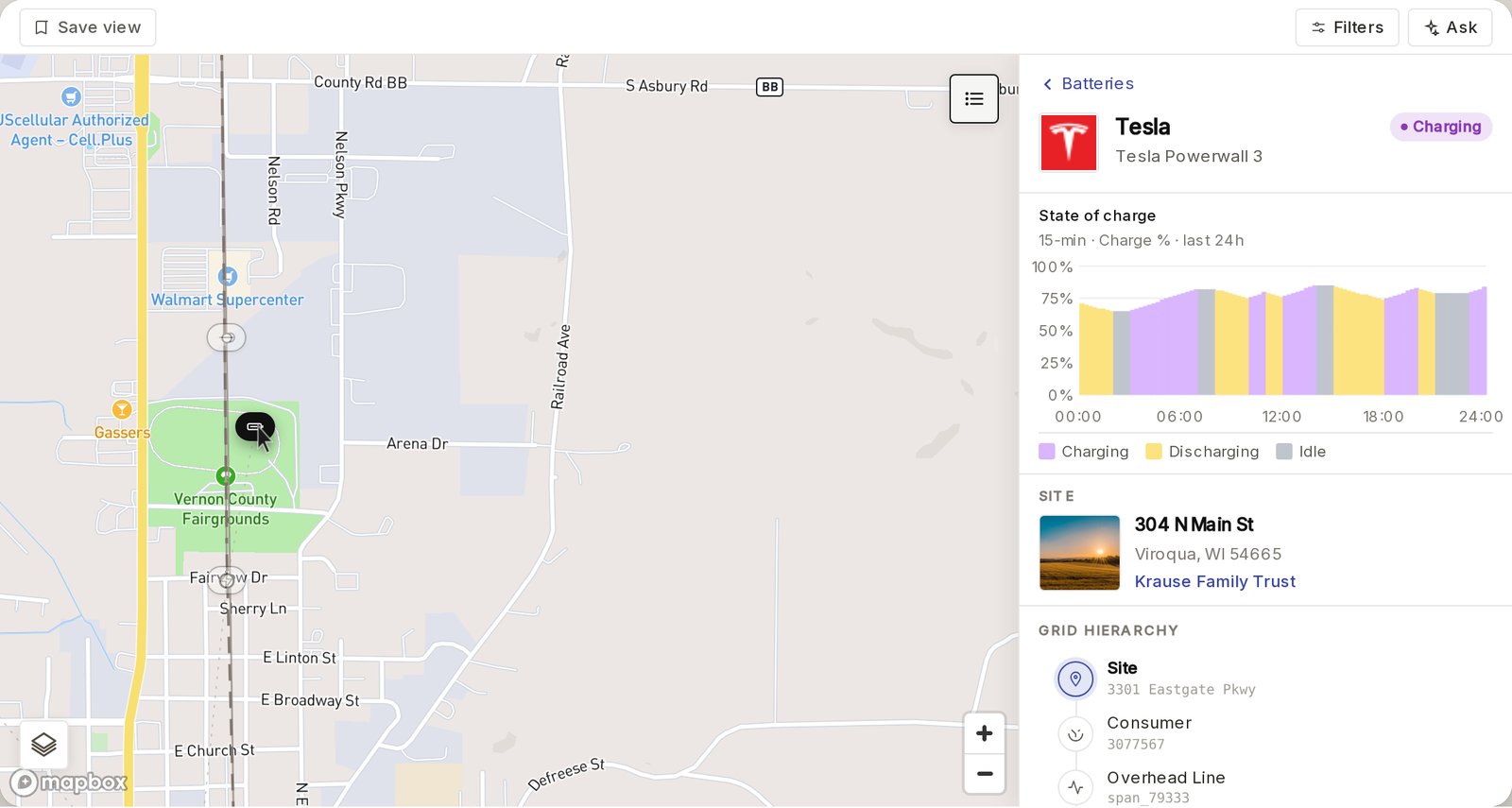 Texture Explorer showing a Tesla Powerwall 3 battery detail panel for a Viroqua, WI site, with the surrounding electrical grid hierarchy.